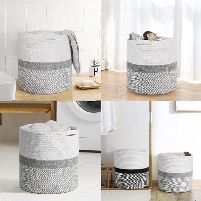 TIMEYARD Woven Cotton Rope Plant Basket for 10" Flower Pot Floor Indoor Planters, 11” x 11” Storage Basket Organizer Modern Home Decor, Grey and White Stripes