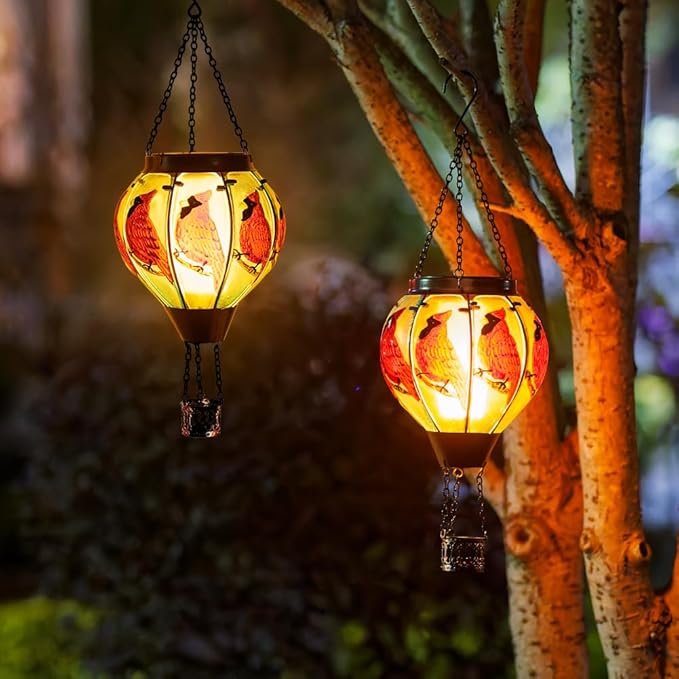 Starsoul 2 PC Cardinal Hot Air Balloon Solar Lantern with Flame Glass Outdoor Hanging Hot Air Balloon Solar Light Waterproof Garden Patio Yard Party Decorations