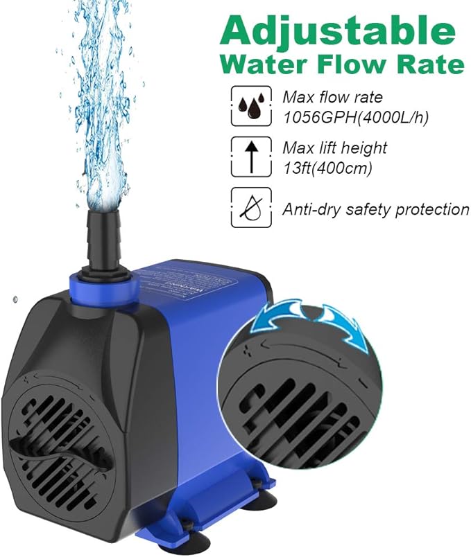 Submersible Pump 1056GPH (4000L/H 85W) Ultra Quiet with Dry Burning Protection 9.8ft Power Cord for Fountains, Hydroponics, Ponds, Aquariums & More…