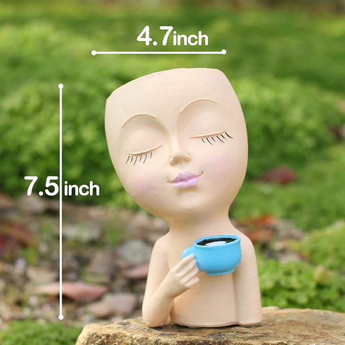 Face Pot for Plants, with a Base,Face Flower Pot for Indoor Outdoor Plants Resin Succulent Planter with Drainage Hole Cute Lady Face Plant Pots（Lignt Orange）