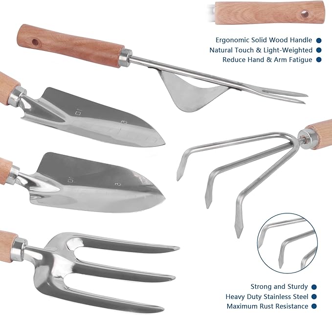 Garden Tool Set, Stainless Steel Gardening Kit, with Large Capacity Garden Tool Bag, Outdoor Hand Tools, Black Grey Garden Tool Kit for Women and Men