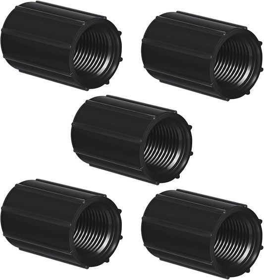 Yahenda 5 Pcs 1/2 Inch PVC Double Female Threaded Coupling Sprinkler Pipe Fitting Female Thread Pipe Fitting Garden Drip Irrigation System PVC Npt Coupler for Irrigation Tube Riser Extension (Black)