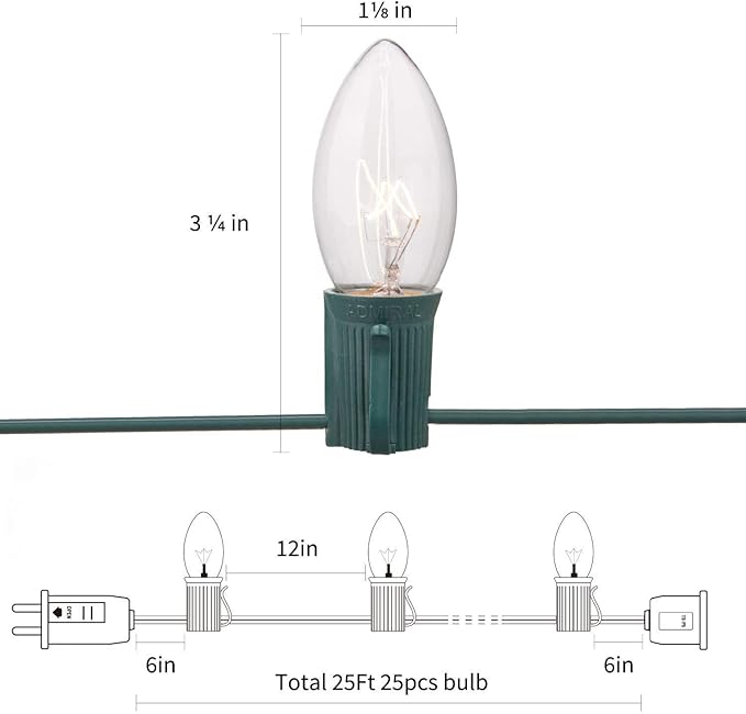 C7 Christmas Lights, 25Ft Outdoor Christmas String Lights with 27 Clear Warm White Incandescent Bulbs, Hanging Vintage Christmas Decorations Light for Roofline House Garden Patio Backyard Party Green