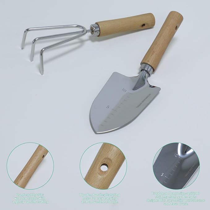 LeMotech Garden Tool Set, 2Pcs Gardening Hand Tools, Stainless Steel Trowel and Cultivator with Beech Handle, Outdoor Gardening Kit for Women Men
