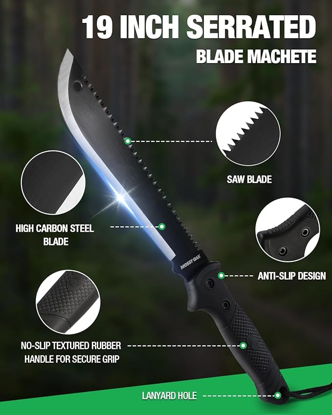 Mossy Oak Machete with Saw, 19" Sharp Machete with Sheath, Ergonomic No-Slip Handle, Machetes for Bushcraft, Outdoor Hunting, Garden Cutting Trees and Yard Work