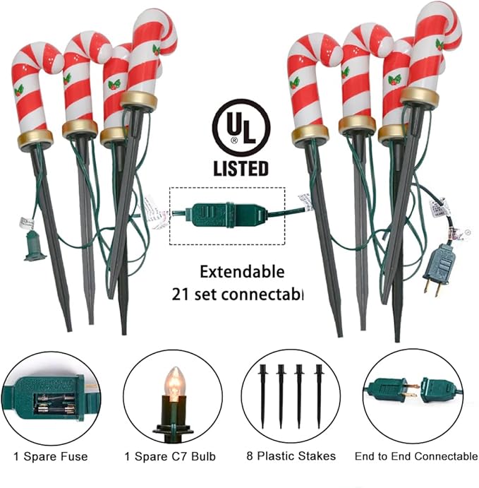 Christmas Candy Cane Pathway Lights Outdoor, 2 Sets 7Ft Christmas Outdoor Decoration String Lights with 8 Candy Cane Markers Stake Lights, Plug in Walkway Lights for Driveway Lawn Garden Yard Decor