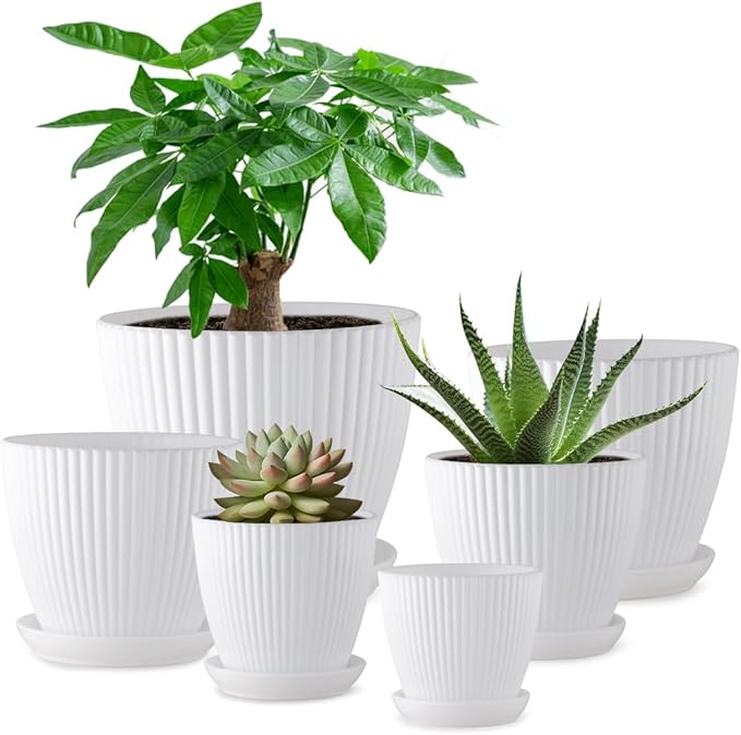 7.5/6.5/5.5/4.9/4.2/3.5 Inch Plant Pot, Plastic Flower Pots with Drainage Indoor/Outdoor Plant Pots, Set of 6 Pack White Plastic Pot for Plant Planters with Saucers