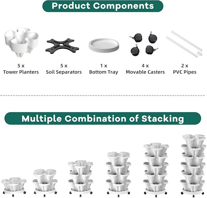 Strawberry Vertical Planters, 5 Tiered Stacking Tower Garden with Support Pole, Stackable Herb Vegetable Planters Indoor and Outdoor - White