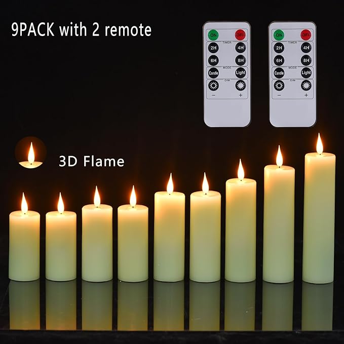 Flameless Flickering Battery Operated Candles 9PACK Real Wax Pillar LED Candles with 10-Key Remote Control and 24 Hours Timer for Wedding, Party, Home Decoration (Ivory)
