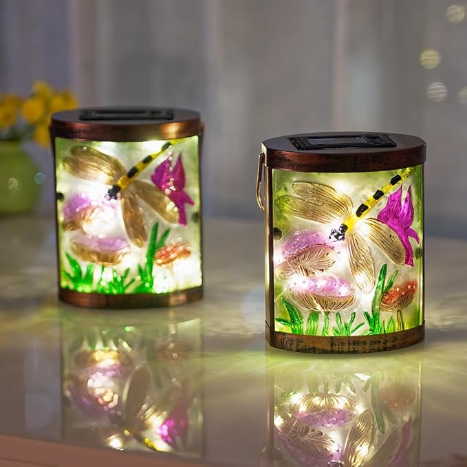 Starsoul 2 Pack Hanging Solar Lantern Outdoor Waterproof Glass Dragonfly Decorative Solar Lights for Outside Garden Yard Table Patio Decor