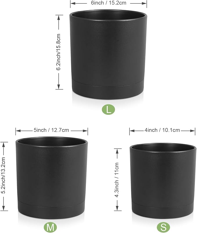 6/5/4 inch Flower Pots, Set of 3 Cylinder Plant Pots for Small Indoor Outdoor Plants, Plastic Planters with Drainage Holes and Saucers for Garden Succulent Nursery House Plants, Black
