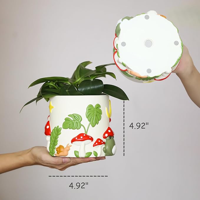 GUGUGO Colorful Frog Garden Plant Pots, Cute Unique Succulent Planters with Drainage, Rainbow Small Mushrooms Flower Planters Pots for Indoor Plants, Funny Eclectic Home Décor (B, 5Inch)