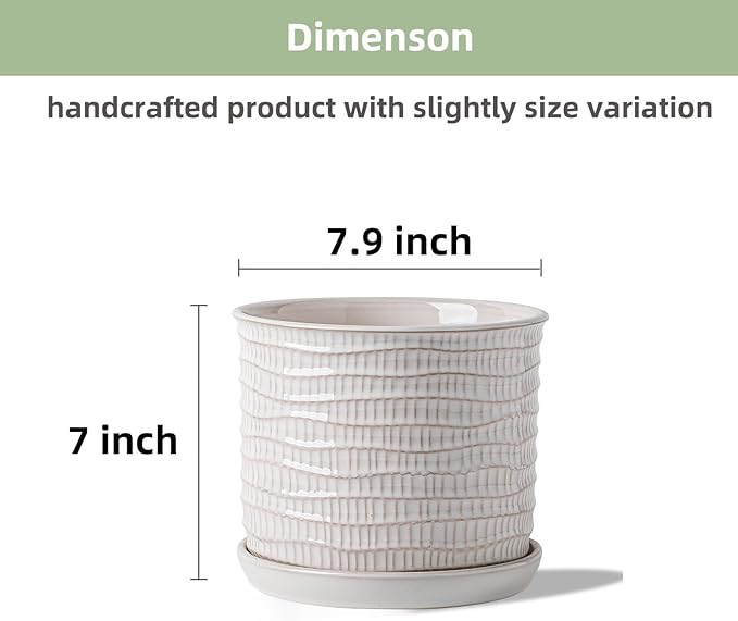 8 Inch Plant Pot: Ceramic Planter with Drainage Hole & Saucer - Cream White Flowerpot for Indoor & Outdoor Plants - with Separate Tray for Home & Office - Wave Embossed Design