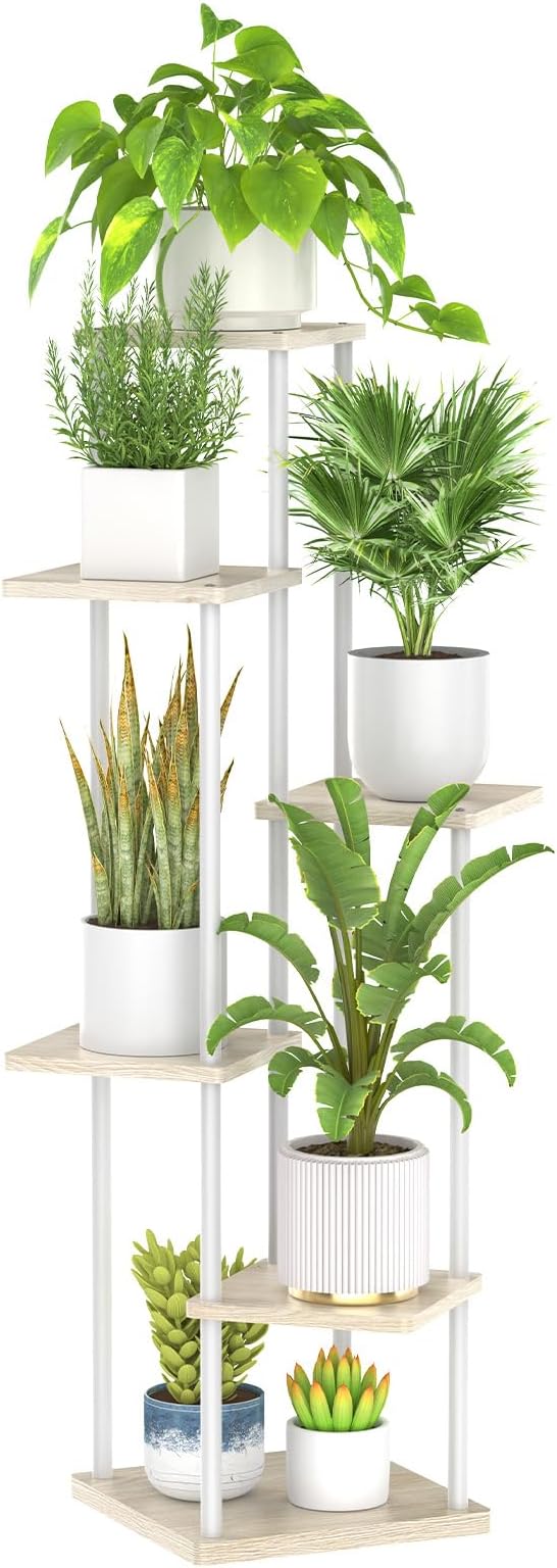 6 Tier Plant Stand Indoor Outdoor , Metal Wood Tiered Corner Plant Stands Pot Holder, Wood Flower Shelf Display Rack for Living Room Bedroom Balcony Garden Patio, White