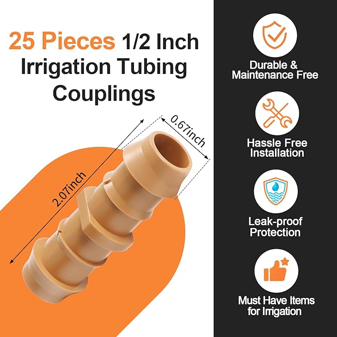 25 Pieces Drip Irrigation Coupling Fittings, 1/2'' Drip Line Barbed Coupler Connectors for 5/8", 1/2", .700" Drip Tubing for Garden Drip Sprinkler Systems