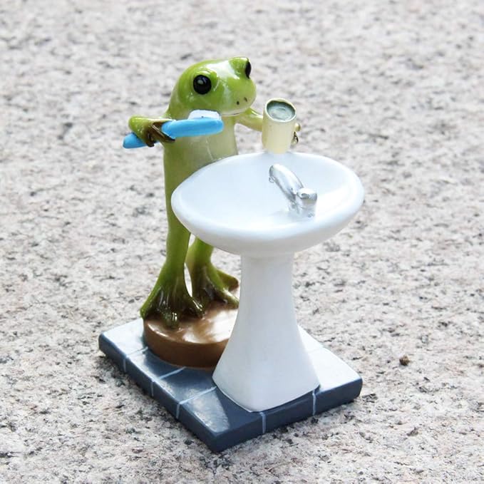Tfro & Cile Frog Garden Statue Decor Miniature Animal Figurine Outdoor Fairy Brushing Teeth Sculpture for Bathroom - 3.3 Inch Height