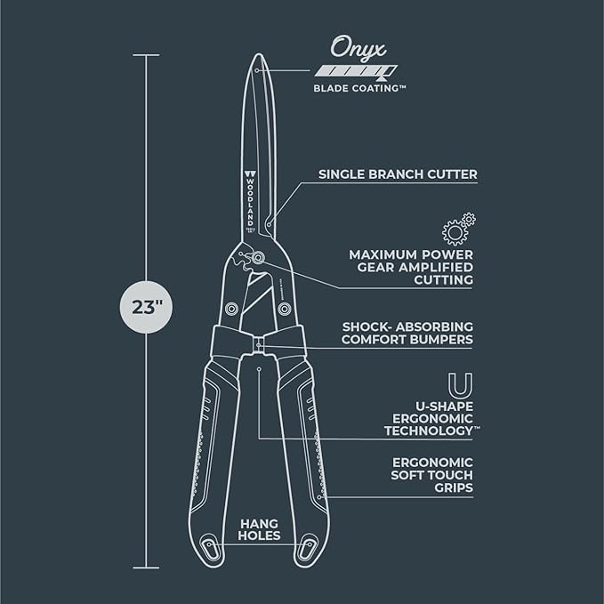 Woodland Tools Co. Super Duty MaxForce Hedge Shear – 23" High Carbon Steel Blades with Gear Amplified Cutting Power, Ergonomic U-Shape Design