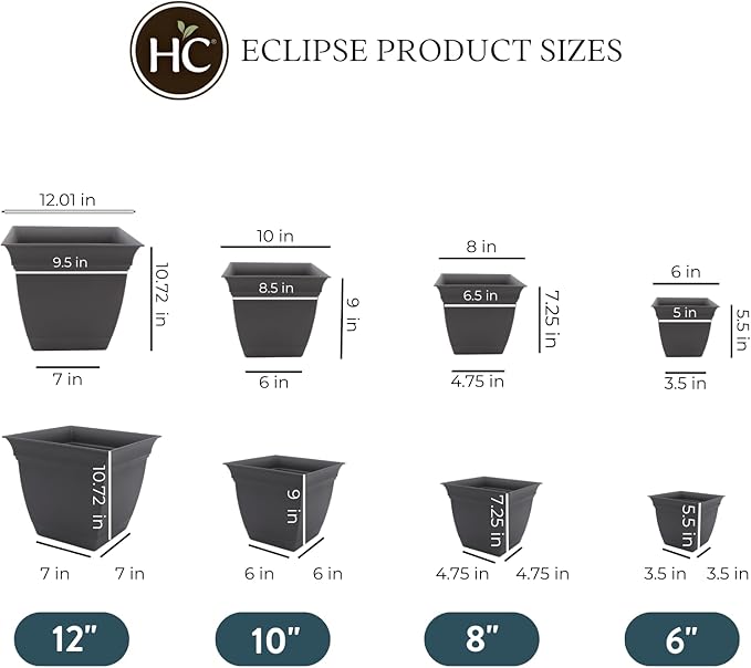 The HC Companies 8 Inch Eclipse Square Planter with Saucer - Indoor Outdoor Plant Pot for Flowers, Vegetables, and Herbs, Warm Gray