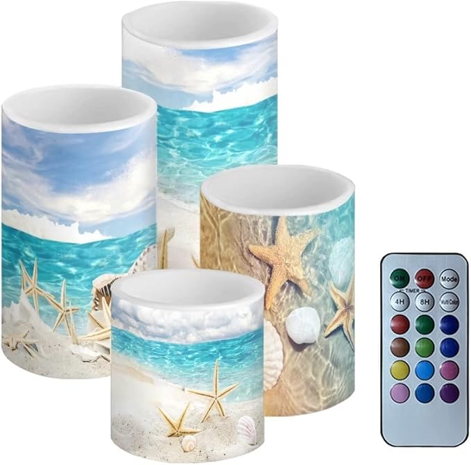 Black Flameless LED Battery Candles 4PCS Pillar Candles with 18-Key Timer Remote Colorful Light for Christmas Party Celebration Decor, Seawater Starfish