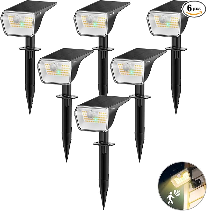 Linkind Solar Lights Outdoor Waterproof IP67, 3000K/6500K Solar Motion Sensor Lights with 6 Modes, 60 LEDs Solar Powered Spot Lights Outside Landscape Lighting for Garden Yard Pathway, 6 Pack