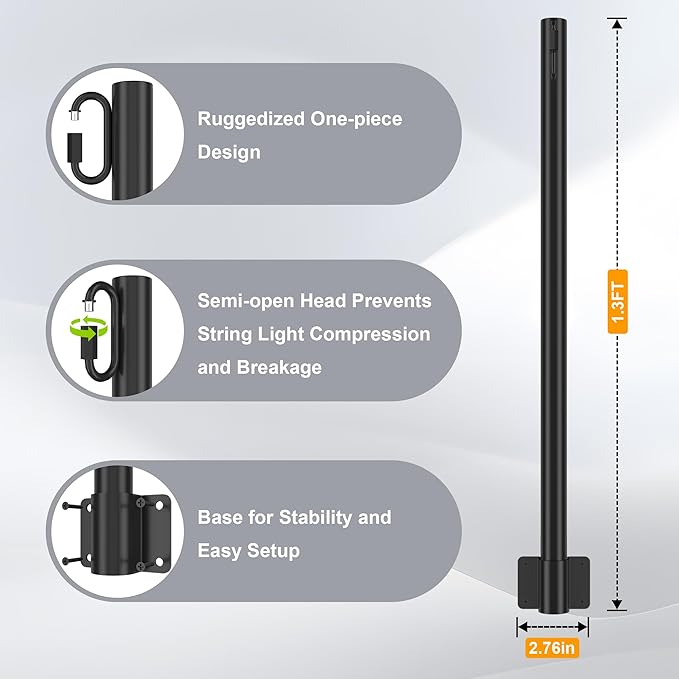 Suchtale 8 Pack 1.3 FT String Light Poles, Suspension Outdoor Fence Post Lights with Clip and Bracket, Outside String Lights Hanging, Wall Mounting Stand for Patio Garden Backyard Wedding Party, Black