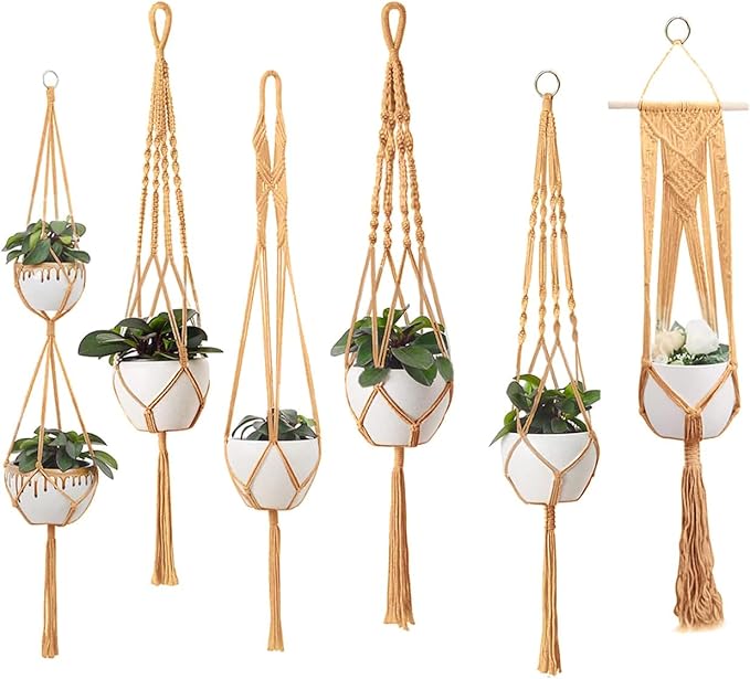 Macrame Plant Hangers - 6 Pack, Brown, Indoor/Outdoor, 11.9 lbs Capacity, Ready to Hang