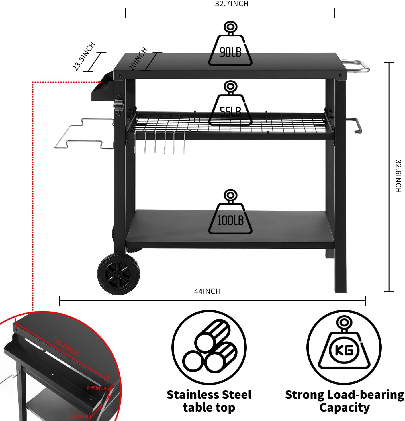 Grill Cart Table with Three Shelf, Movable Outdoor Dining Cart Pizza Oven Stand with Three Hooks, Kitchen Cart Island Multifunction Food Prep Table (Black)