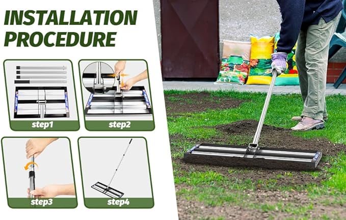 Updated Lawn Leveling Rake with Aluminum Roller, Stainless Steel 40"x10" Levelawn Tool , Heavy-Duty Lawn Leveler with 80" Extended Handle, Yard Leveling Rake Suit for Garden, Golf Lawn, Farm