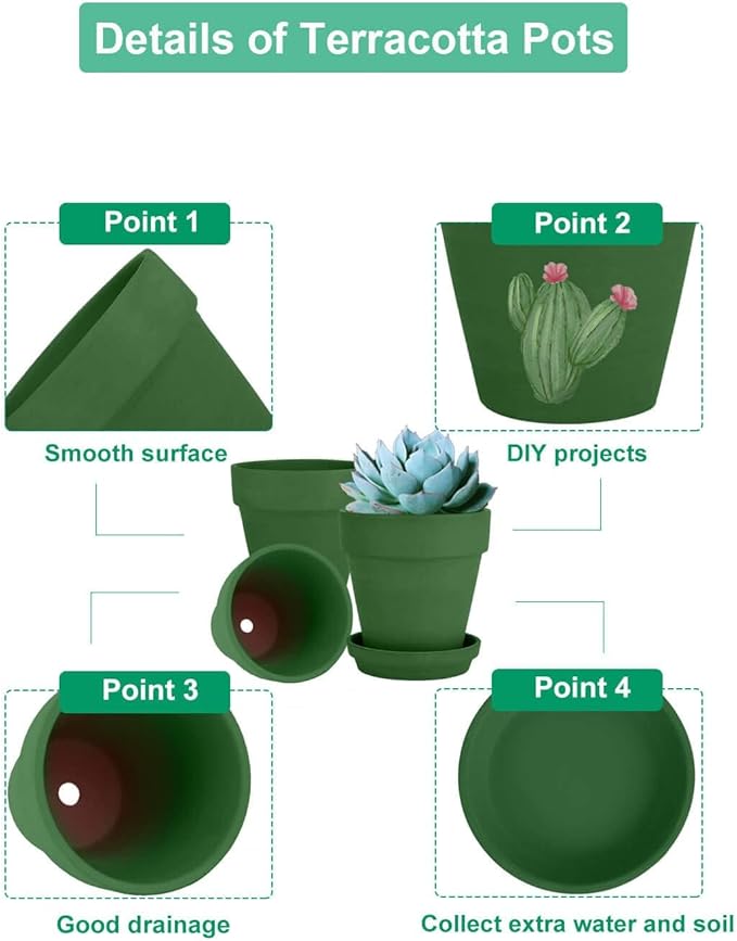 vensovo 4 Inch Small Green Terracotta Plant Pots with Saucer - 6 Pack Clay Flowerpots with Drainage, Great for Indoor Outdoor Plants, Crafts, Wedding Favor