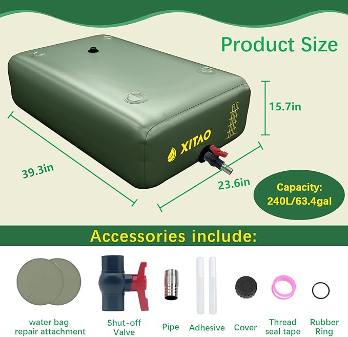 XITAO Water Storage Bladder w/Water Level Indicator, Large Capacity Foldable Water Storage Containers, Portable Emergency Water Tank Water Bag for RVs, Fire Prevention, Irrigation (63Gal)