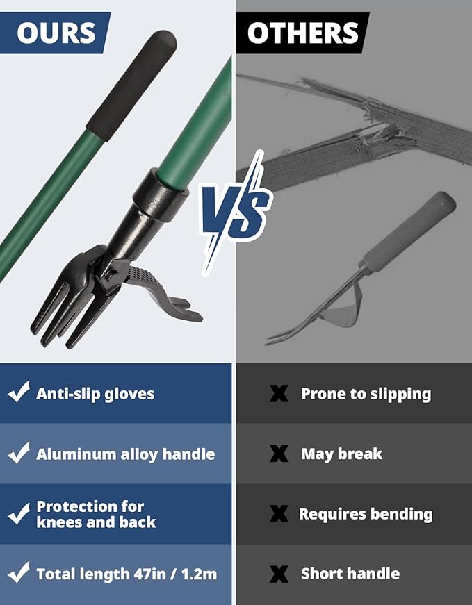 DEERFAMY Stand Up Weed Puller Tool with Long Handle, Garden Weeder Tool with 4-Claw Steel Head Design, Manual Weeder with 3-Metal Structure, Effortless Weeding Without Bending, for Dandelions, Green