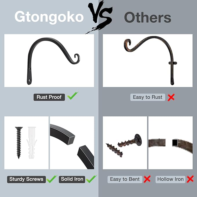 Gtongoko 2 Pack 8 Inch Plant Hangers Outdoor Metal Hanging Plant Bracket Bird Feeder Plant Hooks for Hanging Flower Basket, Wind Chimes, Solar Lanterns, Black