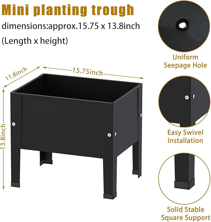 aboxoo 14 inch Black Planter Raised Beds with Legs Outdoor Small Metal Planter Box Elevated Garden Bed for Vegetables Flower Herb Patio