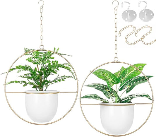 2 Pack Hanging Planters for Indoor Plants with 5.5" Pot + Ceiling Hook + Extender Chain | Hanging Plant Holder, Metal Minimalist Planter, NO Plant incld