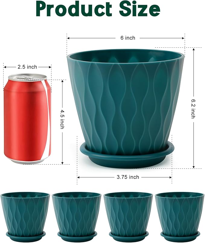 6 Inch Indoor Planter Pots with Drainage Hole and Tray Saucer,Flower Pots for Indoor Outdoor Garden Plants and Flowers, Multicolor, 5 Packs (Blue)