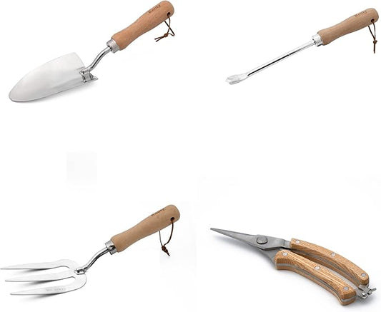 Rooty Gardening Tool Set 4 Pieces Heavy Duty Gardening Kit Includes Hand Trowel Hand Fork Weeder, Pruning Shear Stainless Steel with Wooden Handle Easy for Weeding Transplanting Pruning Garden Gift