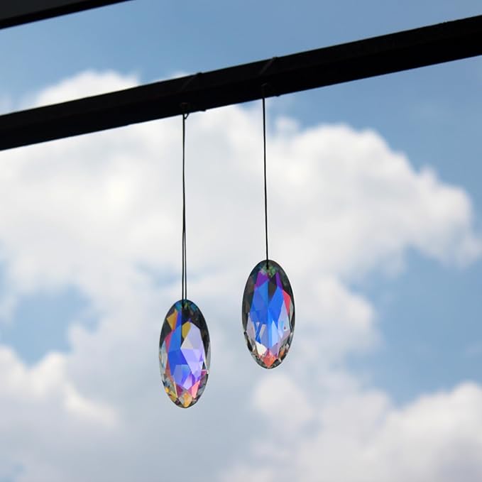 2PCS Simple Geometry Crystal Sun Catcher Prisms, STINO Hanging Suncatchers with Glass Prism, Rainbow Maker for Windows, Balcony, Kitchen, Garden Decoration (1, Oval Eye 2Pcs)