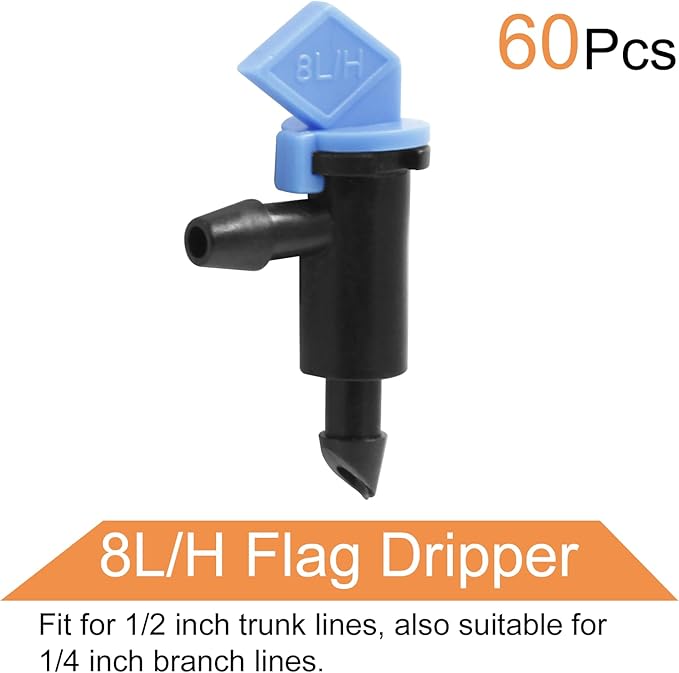 60 Pack 2GPH Drip Emitter Drip Emitters 8L/H Flag Irrigation Dripper for 4mm/7mm Hose for Garden Lawn, Blue
