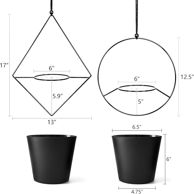 Mkono Boho Hanging Planter, Set of 2 Metal Plant Hanger with Plastic Pots, Modern Mid Century Flower Pot Plant Holder in Diamond and Circle Shape, Fits 6 Inch Planter (Pots Included), Black