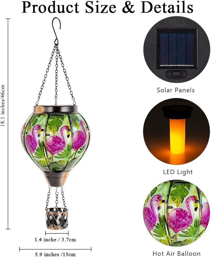 Flamingo Solar Hot Air Balloon Flickering Flame Hanging Garden Light,Glass Hot Air Balloon Solar Lanterns Outdoor Waterproof for Patio Tree Yard Decor,Flamingo Lantern Birthday Gifts for Women
