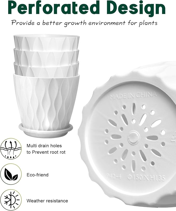 6 Inch Indoor Planter Pots with Drainage Hole and Tray Saucer,Flower Pots for Indoor Outdoor Garden Plants and Flowers, Multicolor, 5 Packs (White)