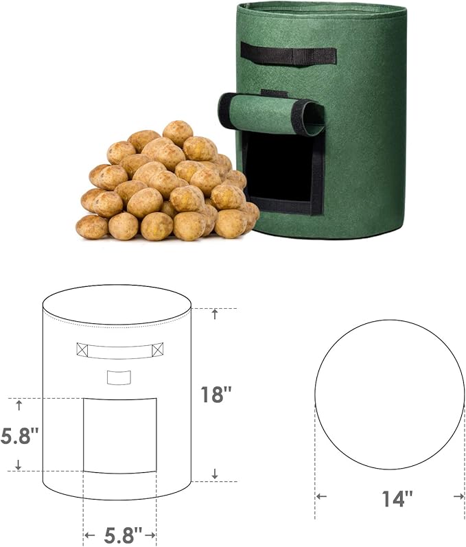 Delxo 5 Pack 10 Gallon Potato Grow Bags, Garden Planting Growing Bag with Flap, Double Layer Breathable Nonwoven Cloth for Potatoes/Planter/Vegetable/Tomato Fabric Pots with Handles Green