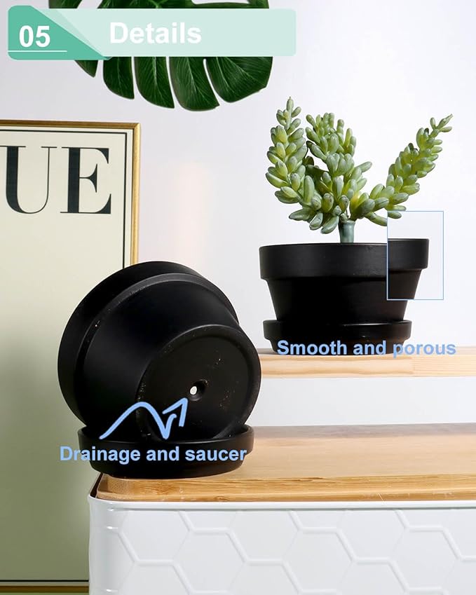 vensovo 5.7 Inch Black Terracotta Shallow Succulent Pots - 6 Pack Terra Cotta Clay Pot with Saucer, Cacuts Indoor and Outdoor Planters with Drainage Hole