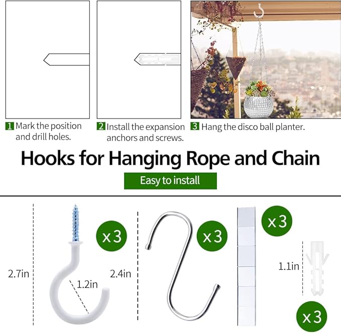 Disco Ball Planter, 8"+2×4" Planter, Silver Planter, Disco Ball Plant Hanger with Hanging Rope, Hanging Chain, Hook, Circle and Extra Mirror Pieces (8"+2×4" Silver)