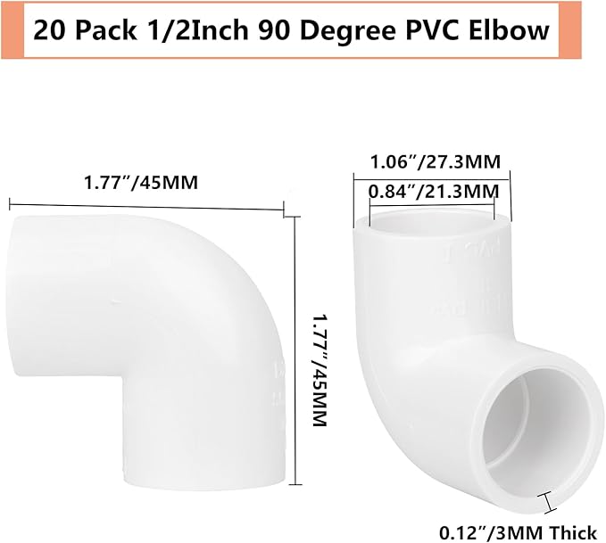 20 Pack 1/2" 90 Degree Elbow Pipe Fittings 2 Way Right Angle PVC Pipe Fitting, Furniture Build Grade SCH40 (Socket x Socket) 1/2" PVC Fitting Connectors for DIY PVC Shelf Garden Support Structure