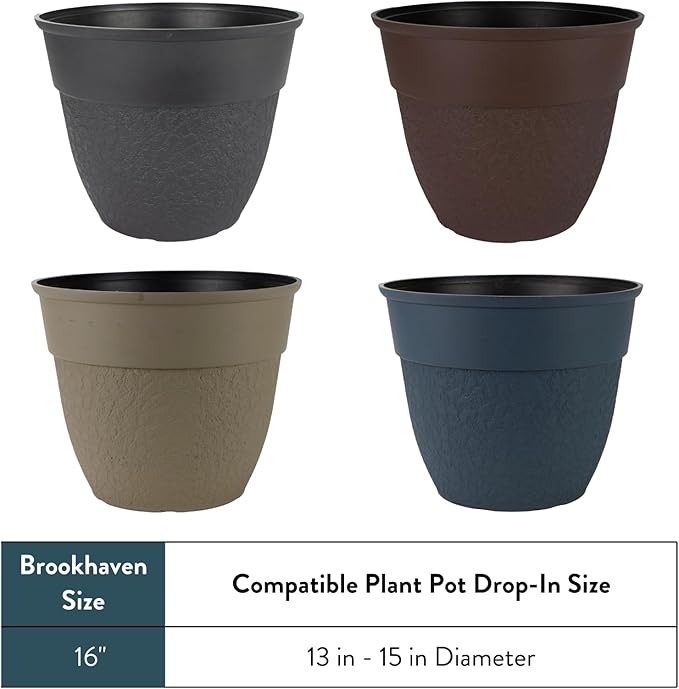 The HC Companies 16 Inch Brookhaven Decorative Round Planter - Lightweight Premium Resin Plant Pot with a Stonelike Texture for Indoor Outdoor Use, Taupe