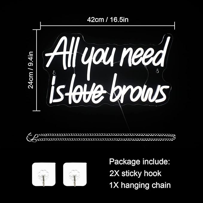 WLHOPE All you need is Brows Neon Sign White Led Neon Signs for Wall Decor, Nails Neon Signs USB Letter Neon Light Signs for Bedroom Girls Room Beauty Shop Nails Room Party Gift, Neon Nail Sign