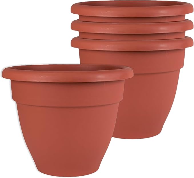 The HC Companies Caribbean Planter Pot - Outdoor & Indoor Plant Pot with Drainage Hole & Plug - Rolled Rim Plastic Pots for Plants & Flowers - Decorative Plant Pot (8" Clay, Pack of 4)