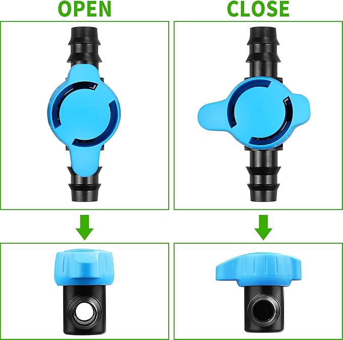 JAYEE Drip Irrigation Valve Tubing Fittings 1/2 inch, 4 Pcs Barbed Switch Valves Drip Line Parts for 1/2 Inch Drip Irrigation Tubing (.570-.620" ID), Shut Off On Water Flow for Sprinkler Systems