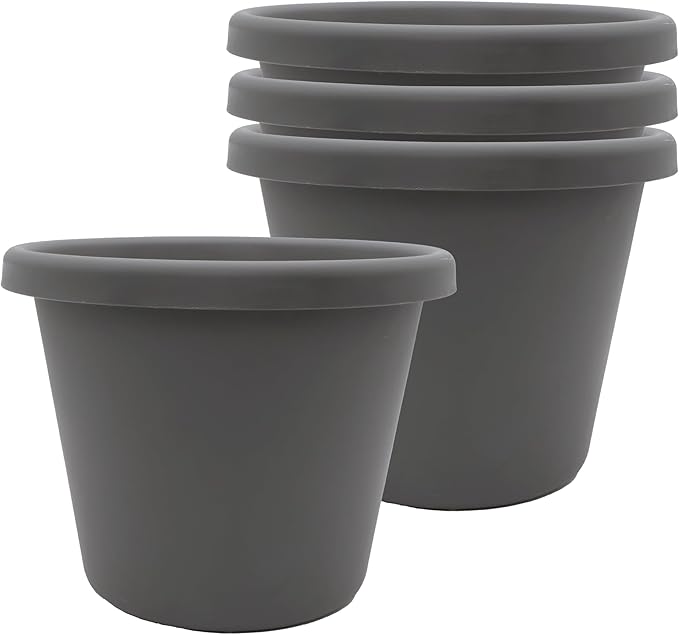The HC Companies 8.5 inch Round Classic Planter - Plastic Plant Pot for Indoor Outdoor Plants Flowers Herbs, Warm Gray (4 Pack)